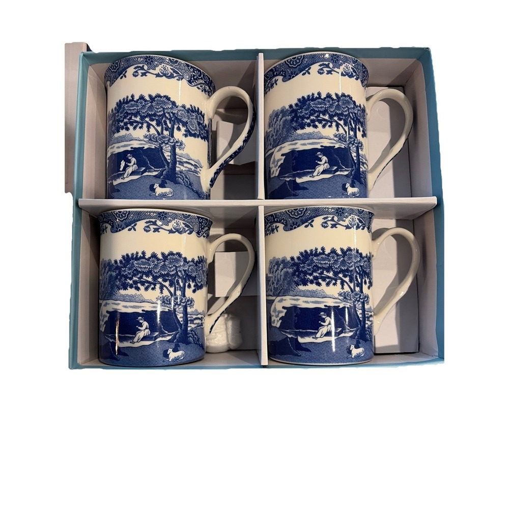 Set/4 Spode Blue Italian Grande Mugs 12 Oz Coffee Cups White & Blue In Box